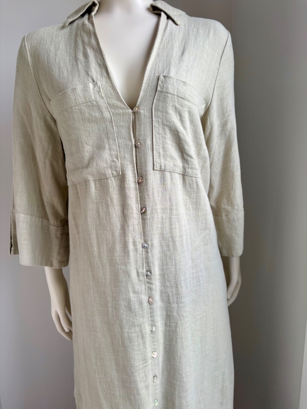 Zara Linen Blend Maxi Shirt Dress NWT XS Sage Green Button Front - Picture 3 of 6